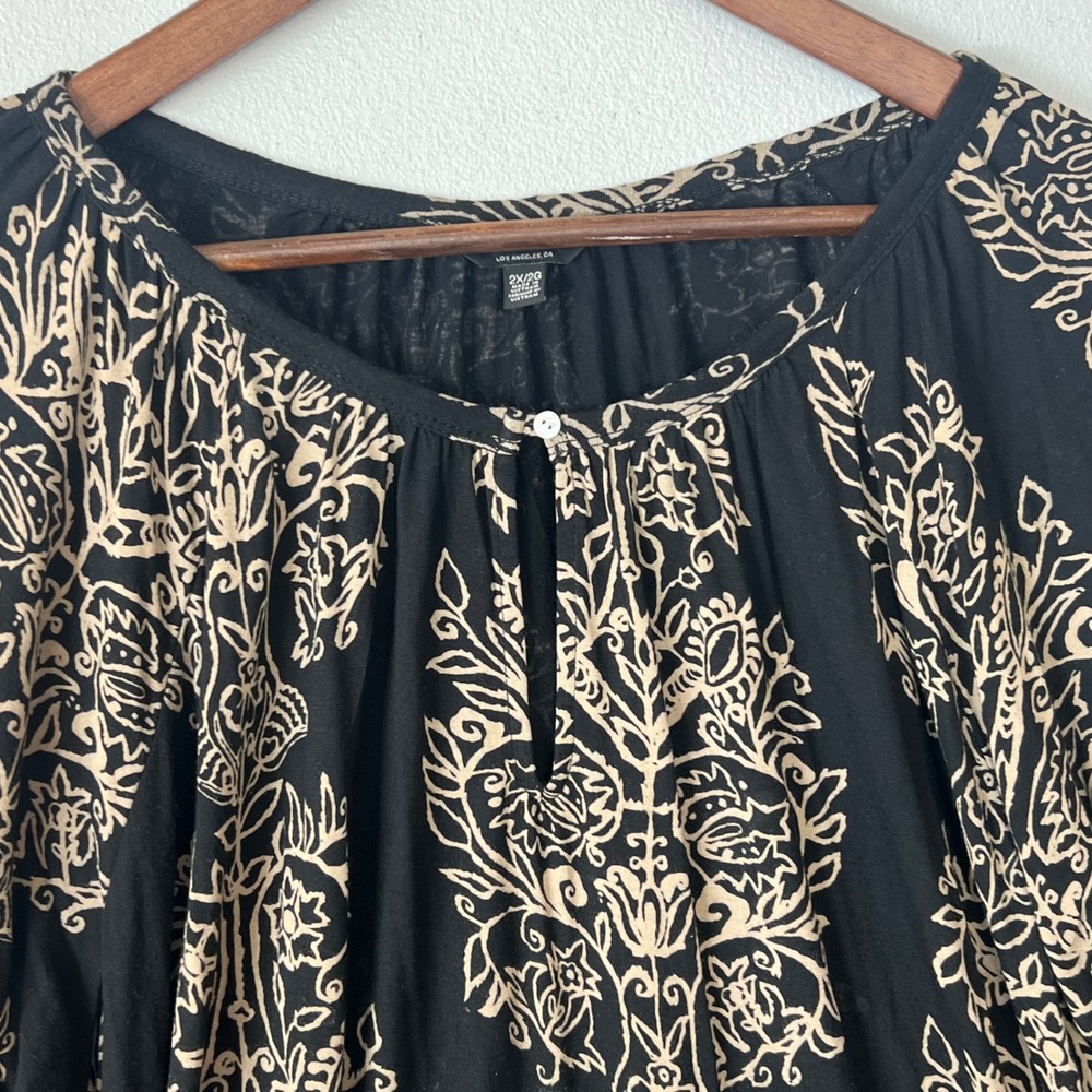 Lucky Brand 2X Blouse Black Tan Floral Damask Boho Peasant Soft Comfy Viscose - Picture 5 of 13